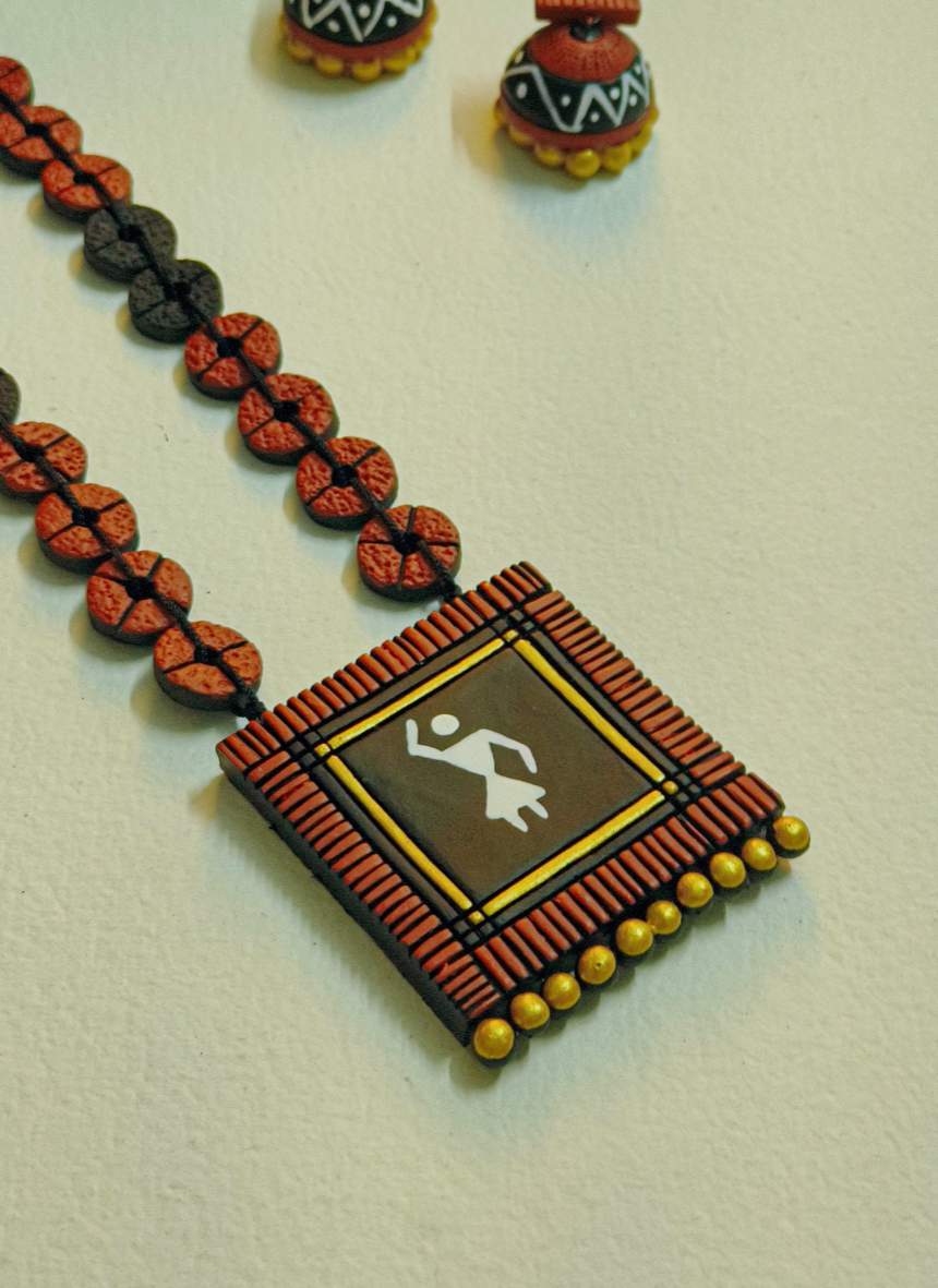 Warli Painted Teracotta Necklace and Earrings