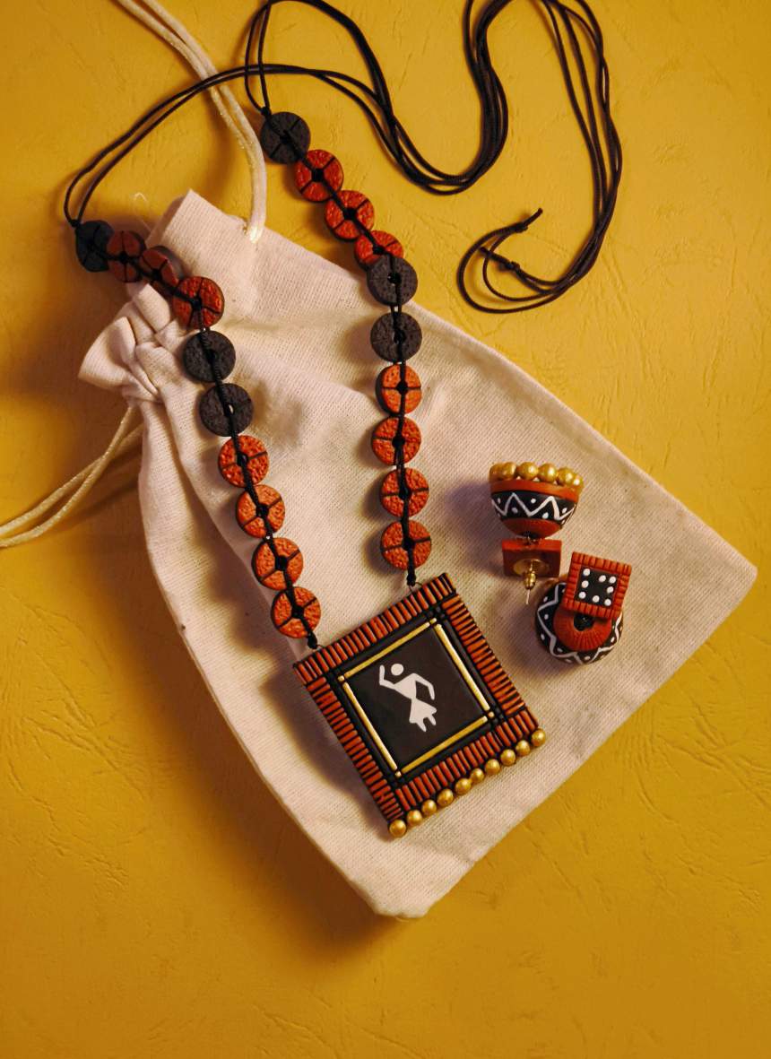 Warli Painted Teracotta Necklace and Earrings